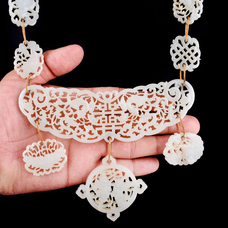 Important Antique Chinese Openwork Carved White Jade and (later) 14 Karat Yellow Gold Necklace and Pendant Earring Suite