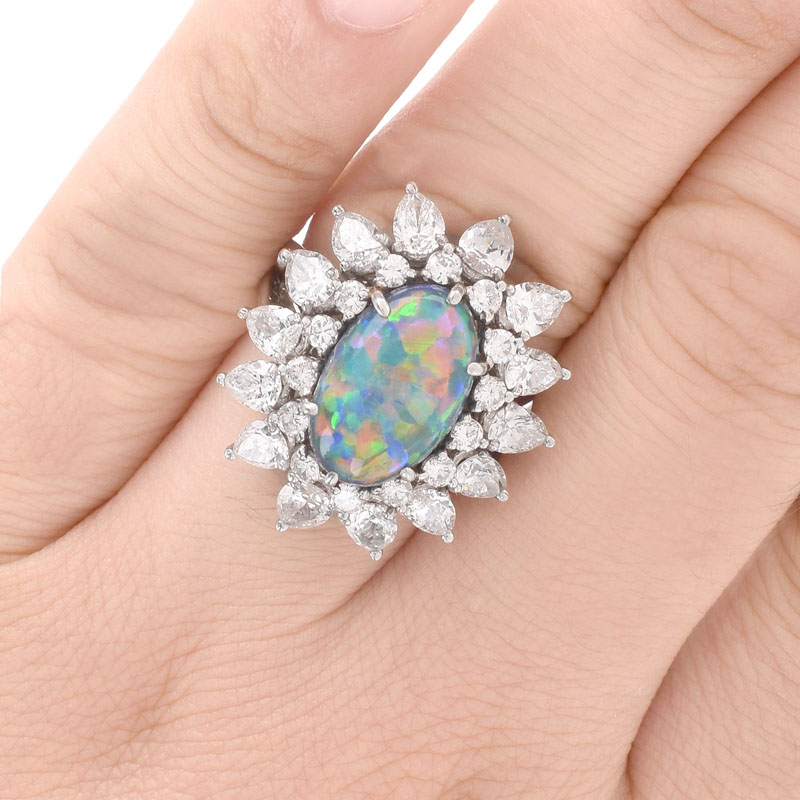 Vintage Tiffany & Co Oval Cabochon Black Opal, Pear Shape and Round Brilliant Cut Diamond and Platinum Ring