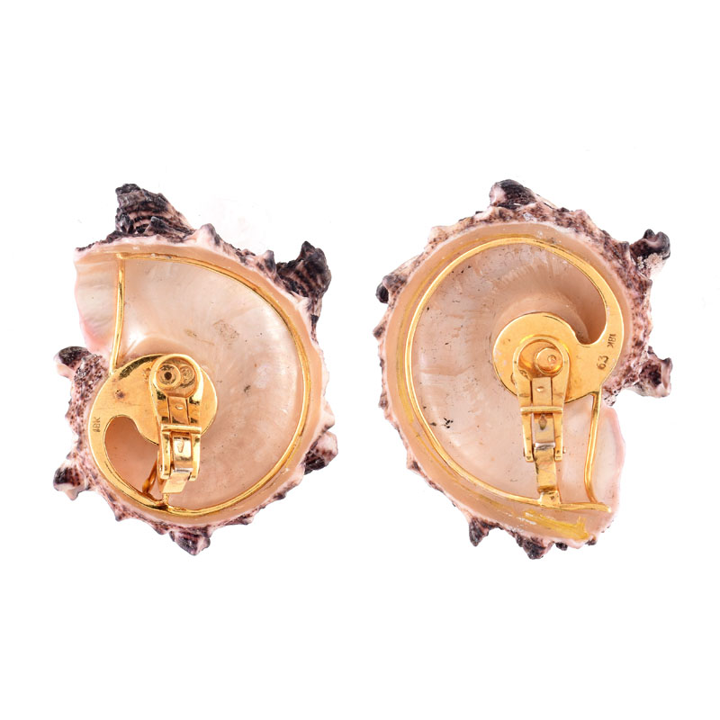 Lady's Table Cut Diamond, 18 Karat Yellow Gold and Sea Shell Clip Earrings
