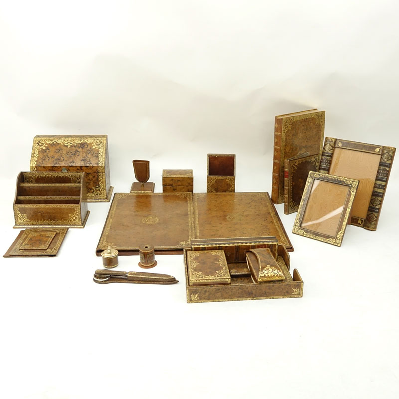 Collection of Vintage Continental Gilt Leather Desk Accessories