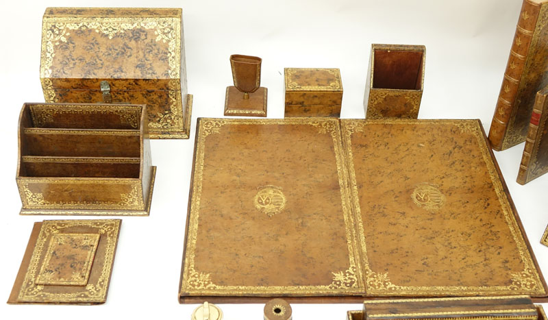 Collection of Vintage Continental Gilt Leather Desk Accessories