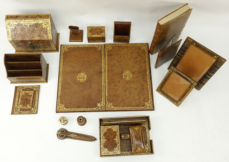 Collection of Vintage Continental Gilt Leather Desk Accessories