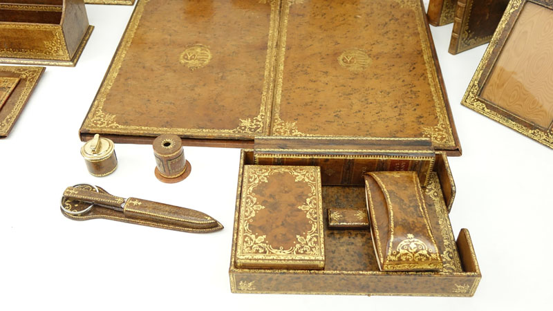 Collection of Vintage Continental Gilt Leather Desk Accessories