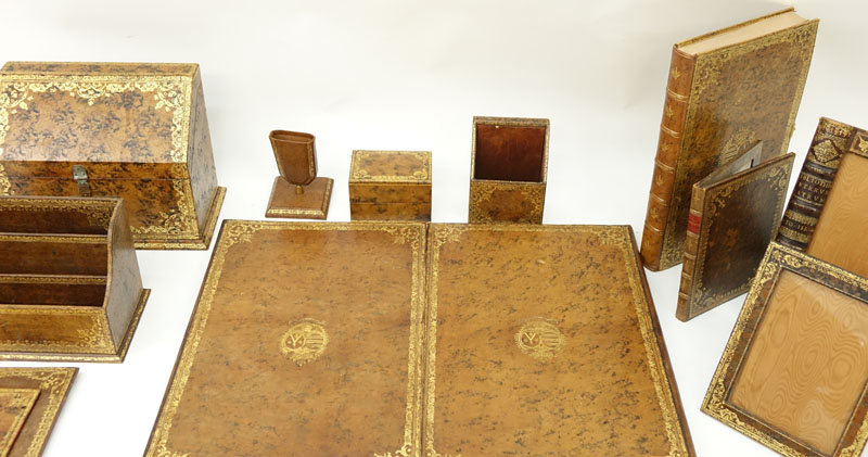 Collection of Vintage Continental Gilt Leather Desk Accessories