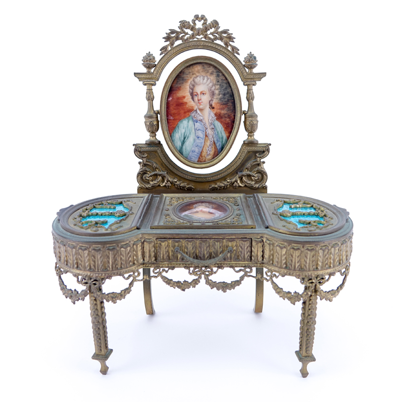 19th Century French Guilloche Enamel and Gilt Bronze Miniature Vanity Table with Porcelain Portrait