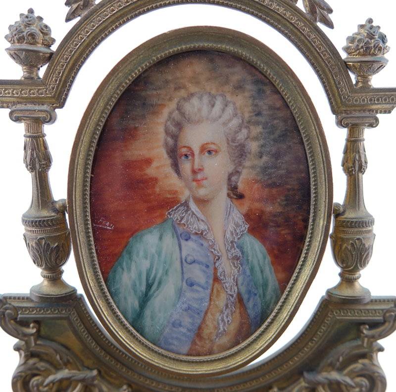 19th Century French Guilloche Enamel and Gilt Bronze Miniature Vanity Table with Porcelain Portrait