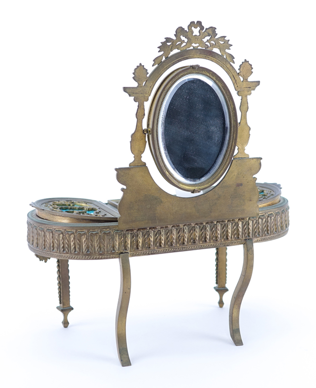 19th Century French Guilloche Enamel and Gilt Bronze Miniature Vanity Table with Porcelain Portrait