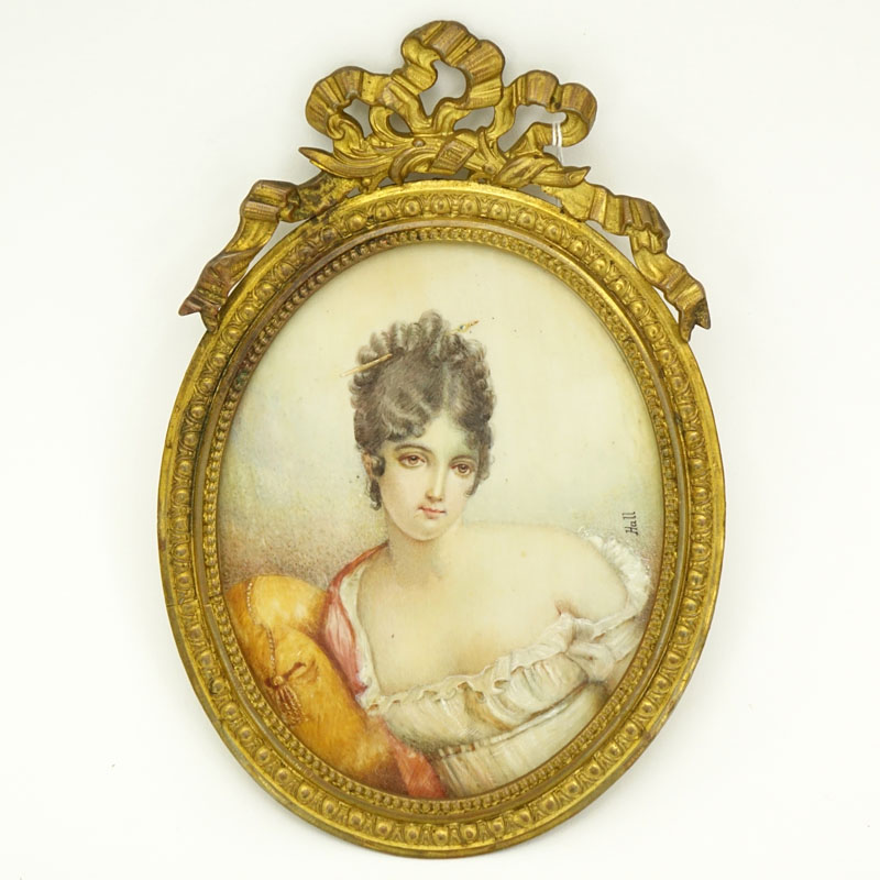 Peter (Pierre) Adolphe Hall, Swedish (1739 - 1793) Antique Hand Painted Miniature Portrait on Ivory of a Young Beauty in Gilt Metal Frame