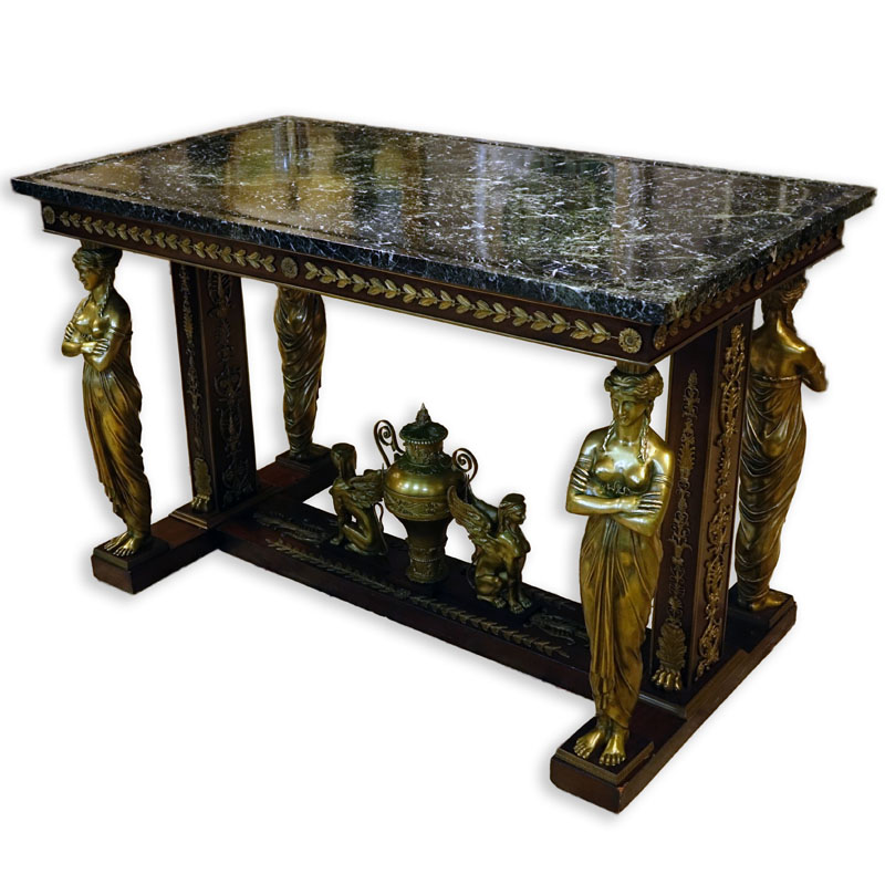 After: Jacob Desmalter (1799 - 1870) French Empire Style Gilt Bronze Mounted Mahogany Center Table with Verde Antico Marble Top