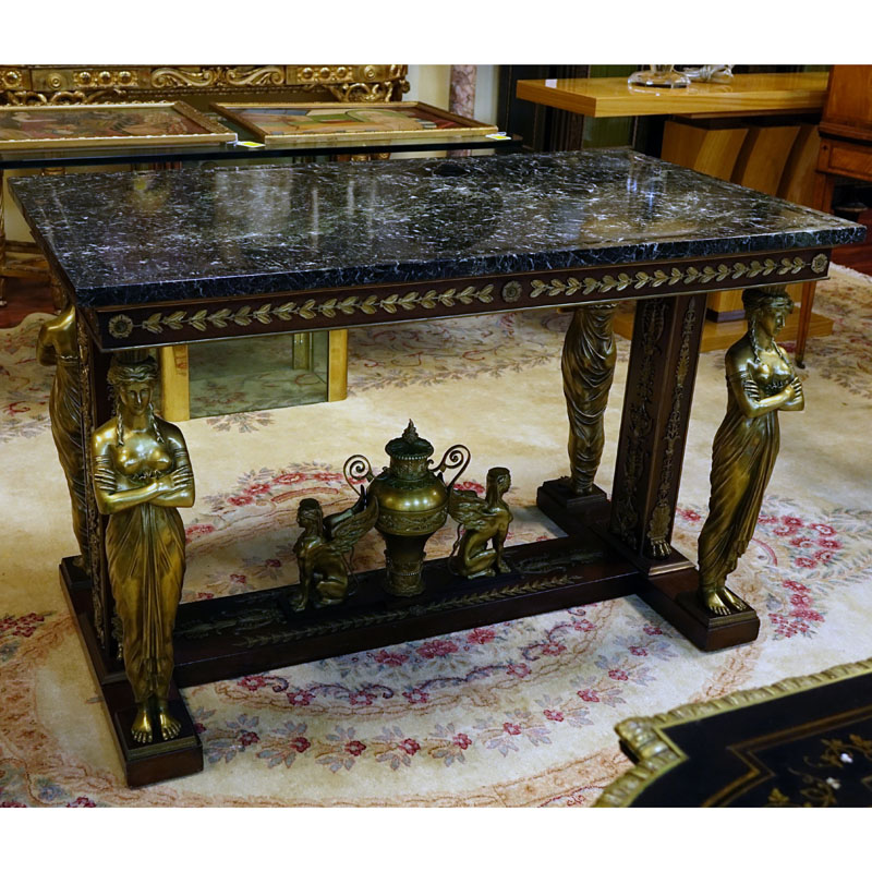 After: Jacob Desmalter (1799 - 1870) French Empire Style Gilt Bronze Mounted Mahogany Center Table with Verde Antico Marble Top