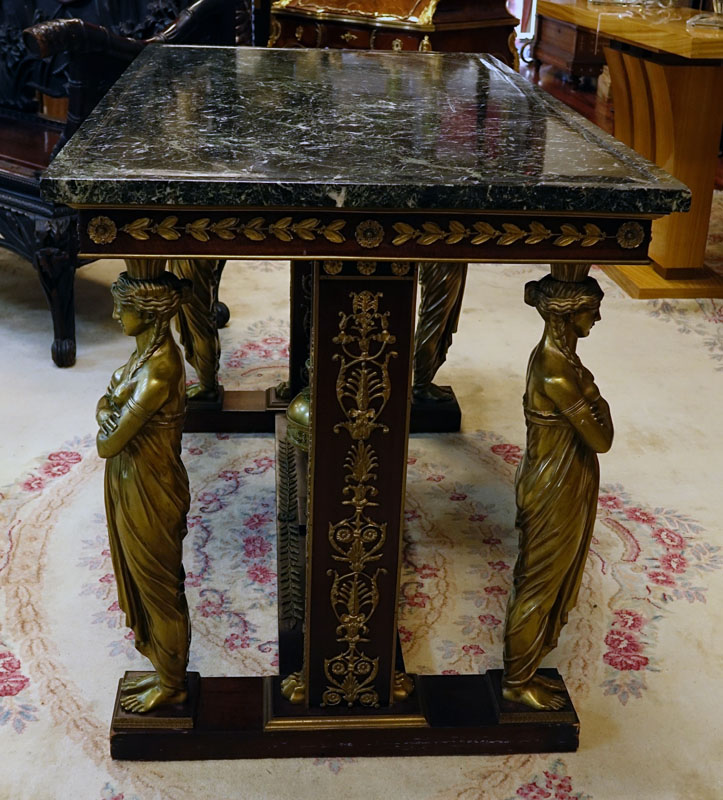 After: Jacob Desmalter (1799 - 1870) French Empire Style Gilt Bronze Mounted Mahogany Center Table with Verde Antico Marble Top