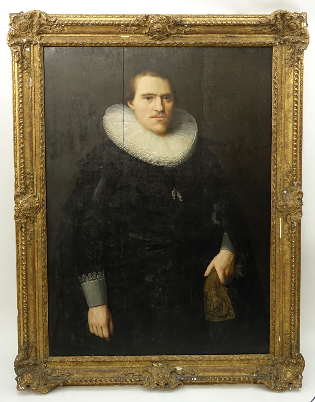 Circle of: Cornelis van der Voort, Flemish (1576-1624) Oil on board "Portrait of a Gentleman In A Black Suit With Ruff"