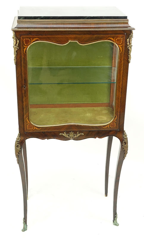 Antique Louis XV Style French Bronze Mounted Marquetry Inlaid Glass Vitrine with Marble Top