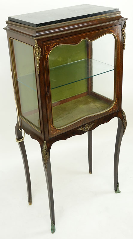 Antique Louis XV Style French Bronze Mounted Marquetry Inlaid Glass Vitrine with Marble Top