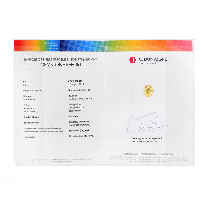 C. Dunaigre Switzerland Certified 22.60 Carat Oval Cut No Heat Ceylon Yellow Sapphire