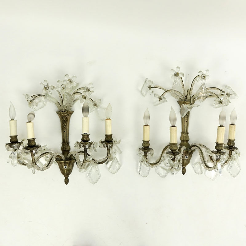 Pair Vintage Crystal Beaded Metal Sconces