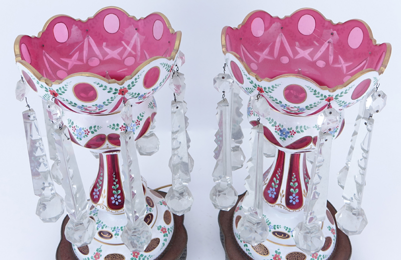 Pair of Bohemian Cranberry to Clear Glass Lusters with Hanging Crystals