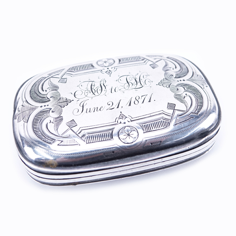 Circa 1870 Albert Coles, New York (active circa 1835-1875) Engraved Sterling Silver Snuff Box