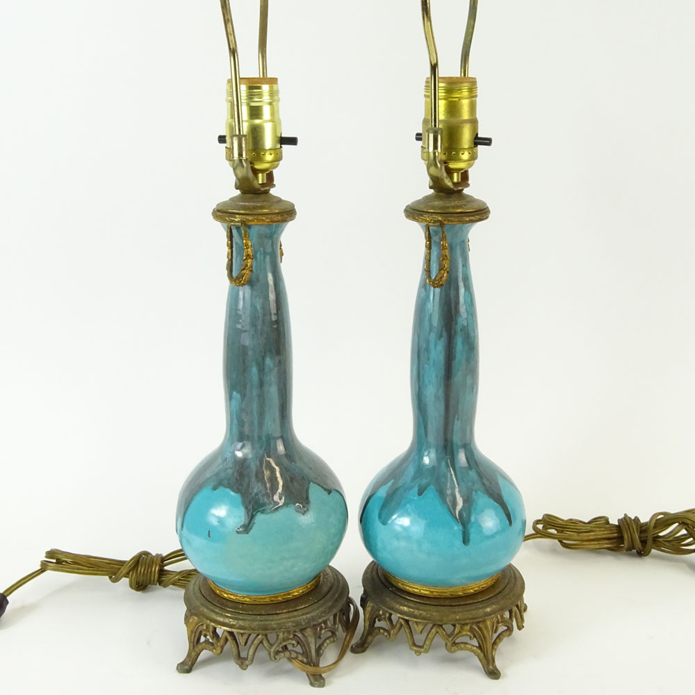 Pair of Circa 1920's Bronze Mounted Porcelain Lamps.