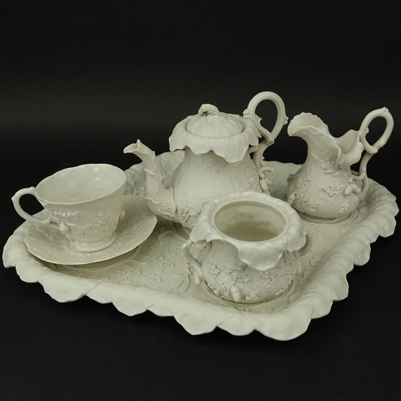 Antique Bisque Partial Tea Set. Ornate Oak Leaf Acorn Motif.