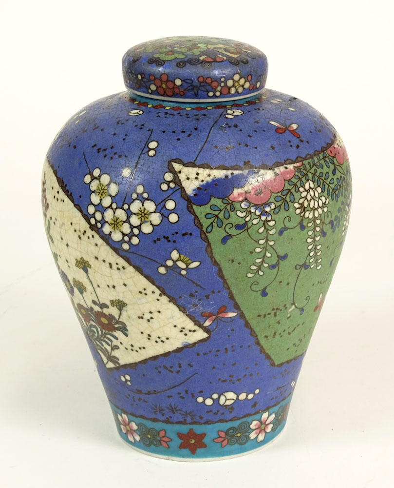 Antique Chinese Porcelain Cloisonné Decorated Lidded Ginger Jar.