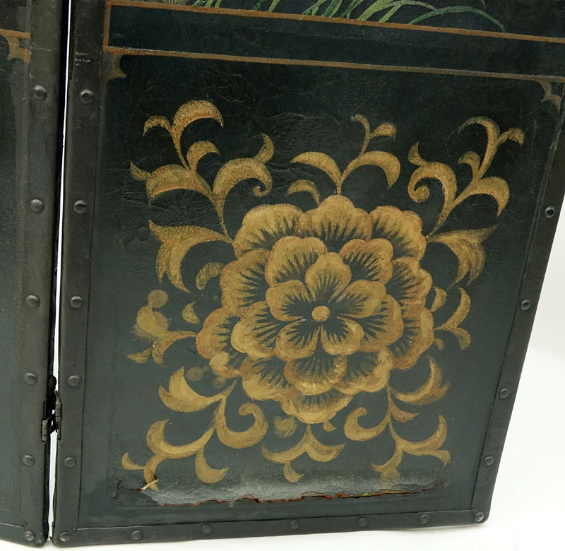 19th Century European Hand Painted Leather Three Panel Screen