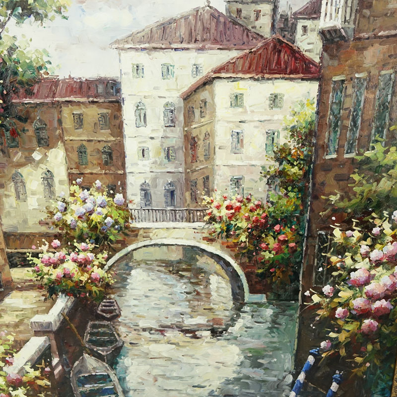 Large 20th Century Oil on Canvas "Venetian Waterway"