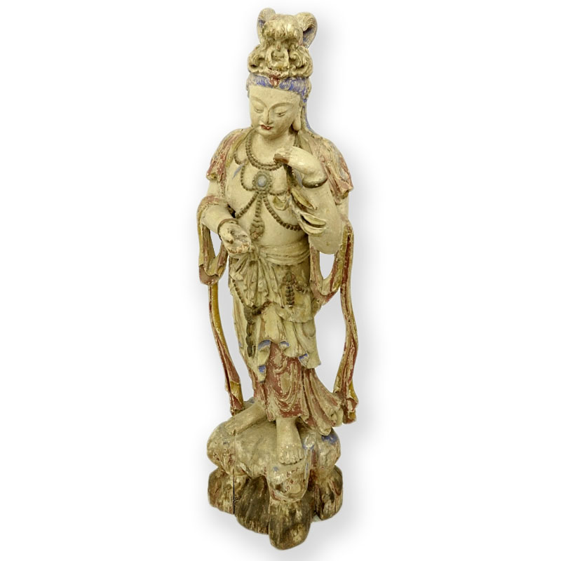 Chinese Ming Style Polychrome Carved Wood Standing Guanyin Sculpture