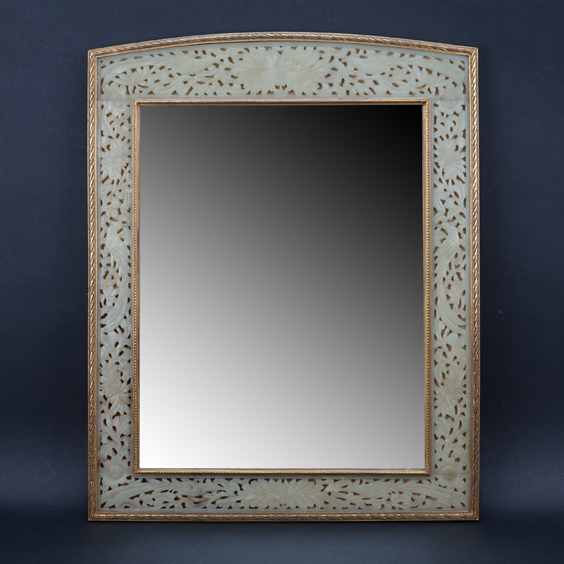 19/20th Century Chinoiserie Style Jade and Brass Mirror.