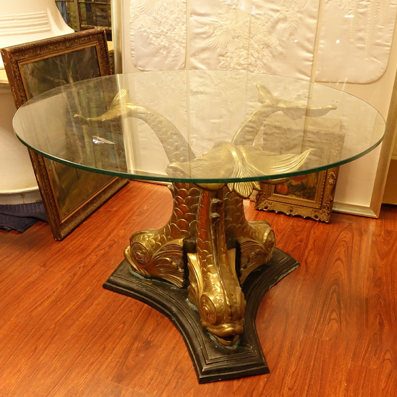 Mid Century Brass Dolphin Table Base with Glass Top