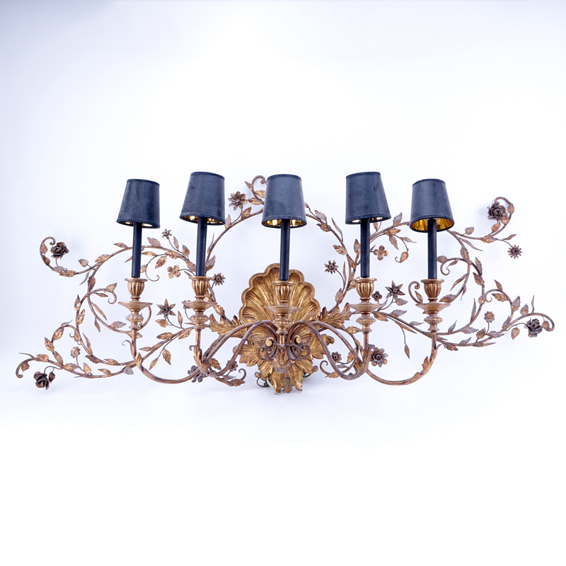 Large Italian Gilt Metal and Wood 5 Light Wall Sconce.