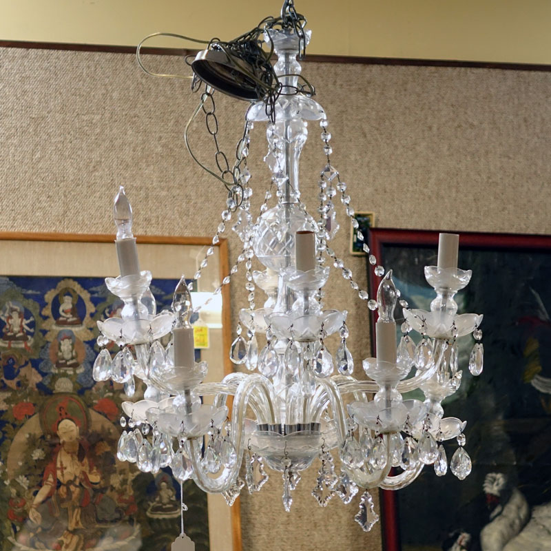 Mid Century Maria Theresa Style 8 Light Cut Crystal Chandelier with Hanging Prism