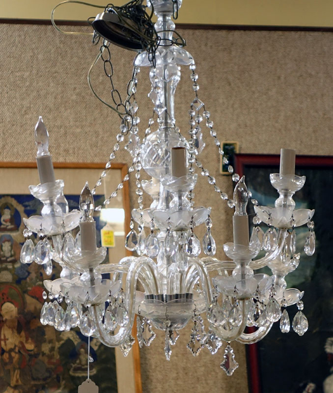 Mid Century Maria Theresa Style 8 Light Cut Crystal Chandelier with Hanging Prism