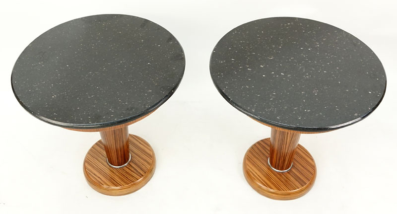 Pair of Mid Century Modern Art Deco Style Granite Top Pedestal Tables.