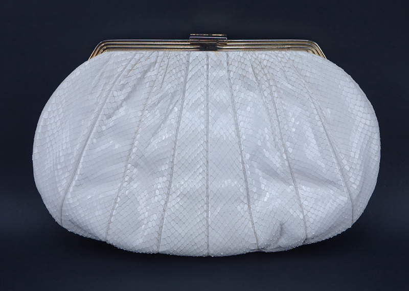 Vintage Judith Leiber White Snakeskin Handbag With Intaglio Closure