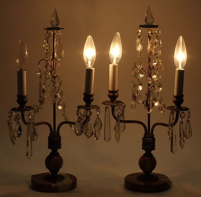 Pair of Art Deco Onyx and French Metal Candelabra Lamps with Hanging Prism