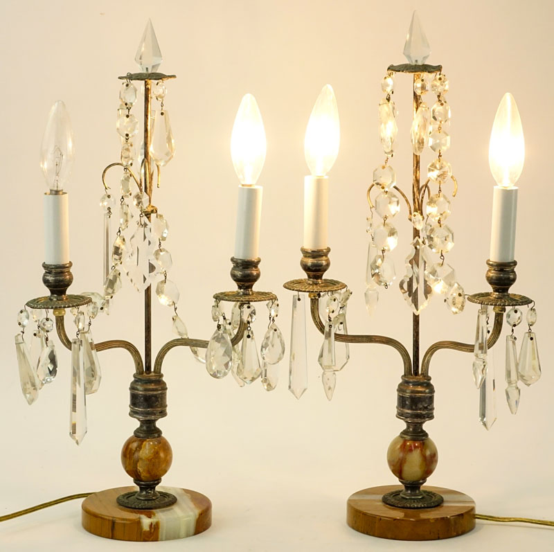 Pair of Art Deco Onyx and French Metal Candelabra Lamps with Hanging Prism