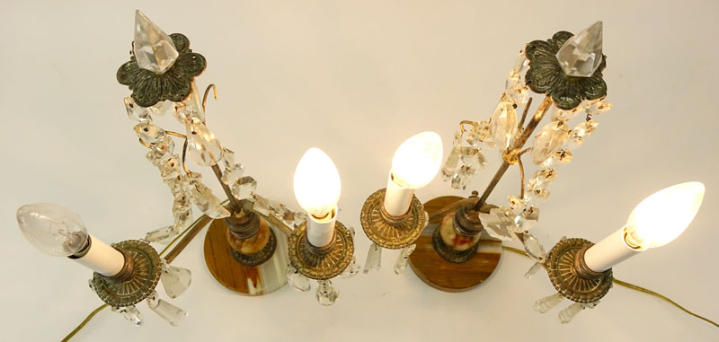 Pair of Art Deco Onyx and French Metal Candelabra Lamps with Hanging Prism