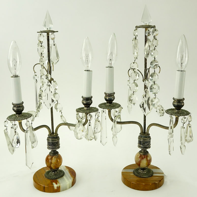 Pair of Art Deco Onyx and French Metal Candelabra Lamps with Hanging Prism