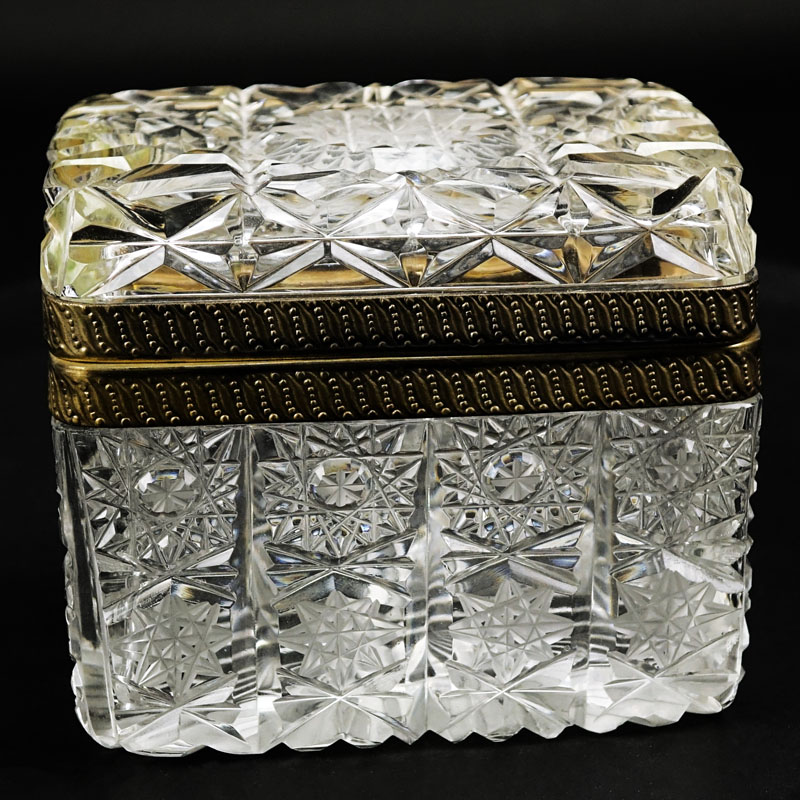 Antique Cut Glass and Brass Jewelry Box