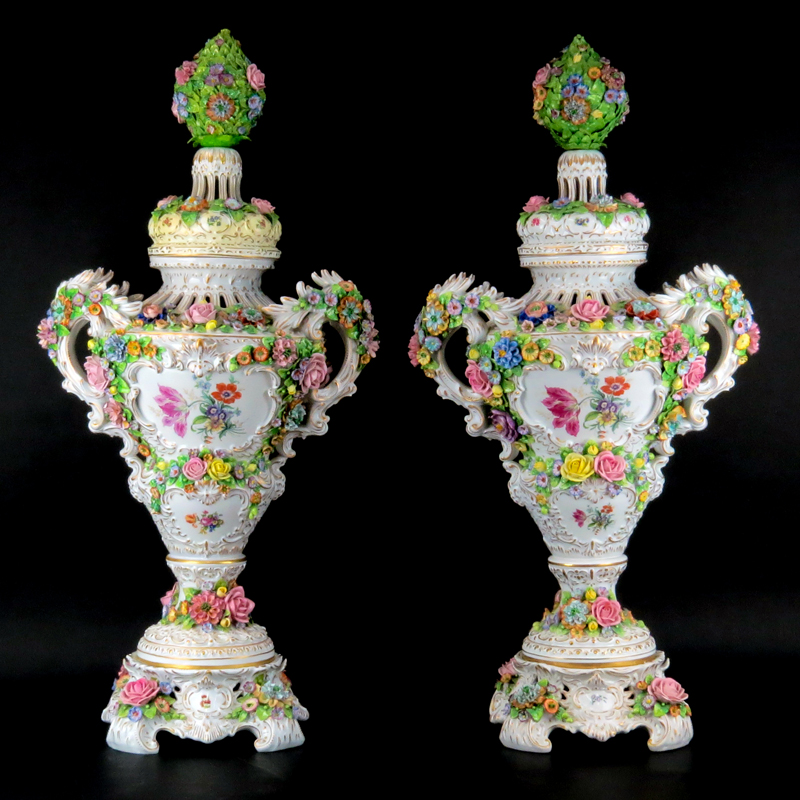 Pair of Monumental Antique Sitzendorf Hand Painted