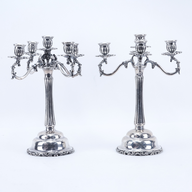 Pair Vintage Mexican Sterling Silver Five (5) Light Candelabra