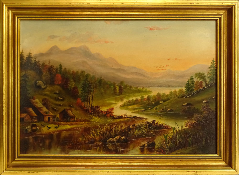19th Century Oil on Masonite "River House" 