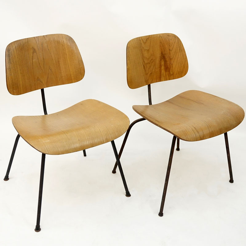 Pair Mid Century Eames Molded Plywood Chairs With Metal Legs.