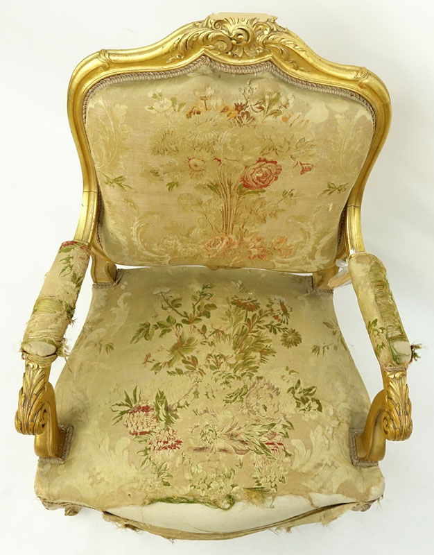 Louis XV Style Giltwood Upholstered Fauteuil.