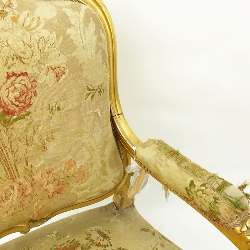 Louis XV Style Giltwood Upholstered Fauteuil.