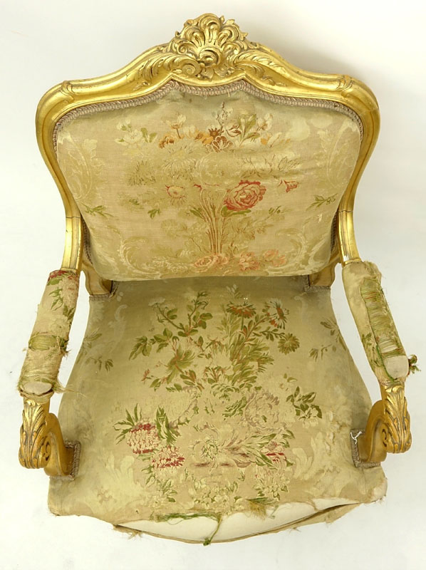 Louis XV Style Giltwood Upholstered Fauteuil.