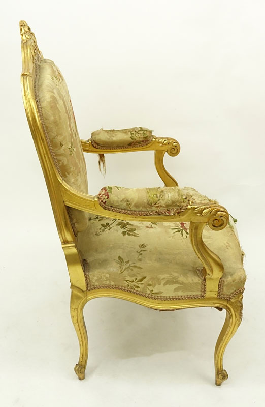 Louis XV Style Giltwood Upholstered Fauteuil.