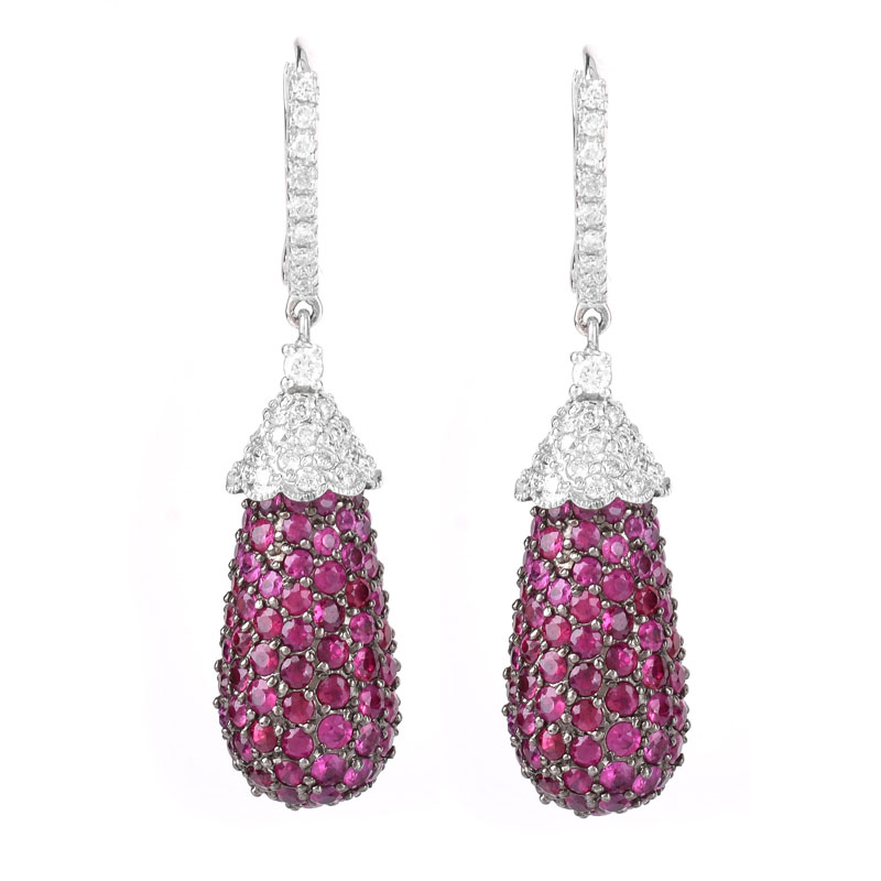 Approx. 6.22 Carat Micro Pave Set Ruby, .76 Carat Micro Pave Set Diamond and 14 Karat White Gold Pendant Earrings