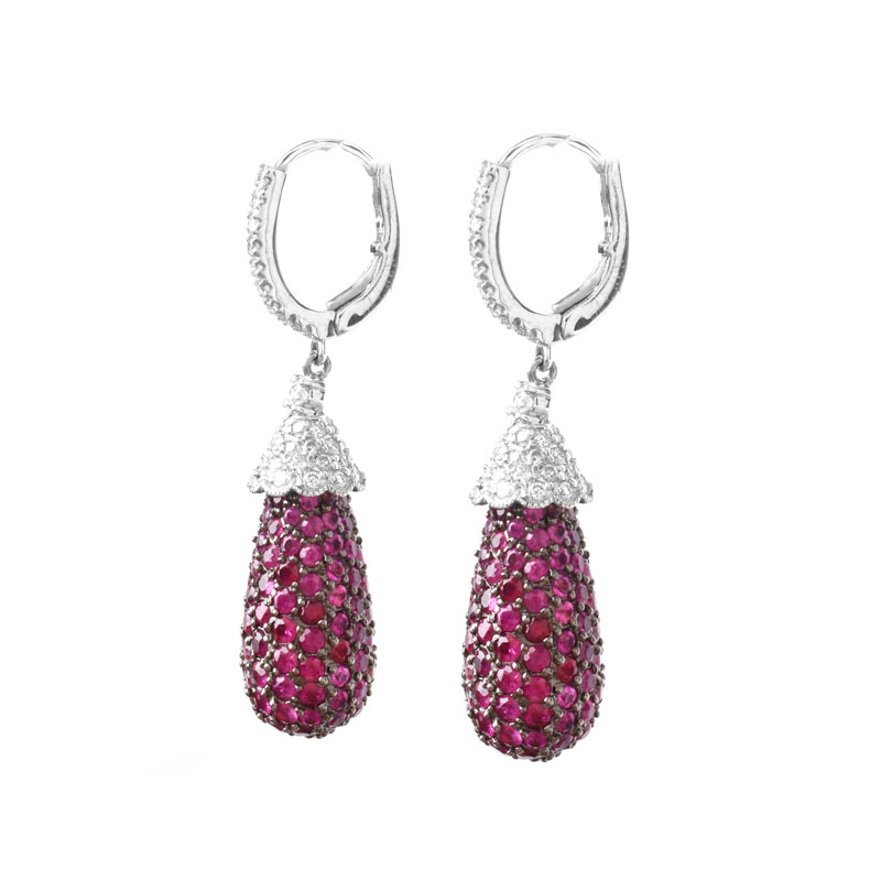 Approx. 6.22 Carat Micro Pave Set Ruby, .76 Carat Micro Pave Set Diamond and 14 Karat White Gold Pendant Earrings